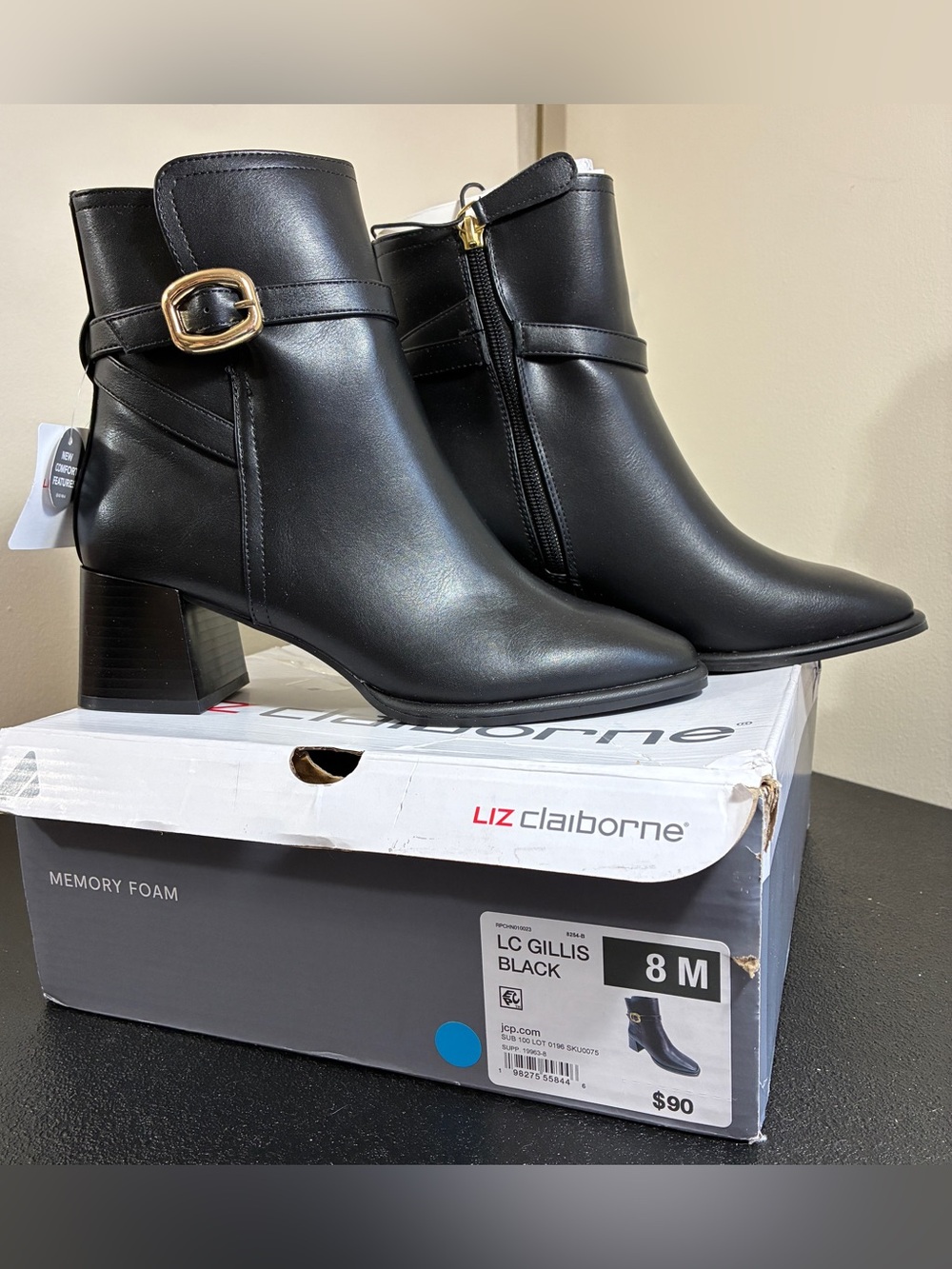Liz Claiborne Black Leather Ankle Boots with Gold Buckle